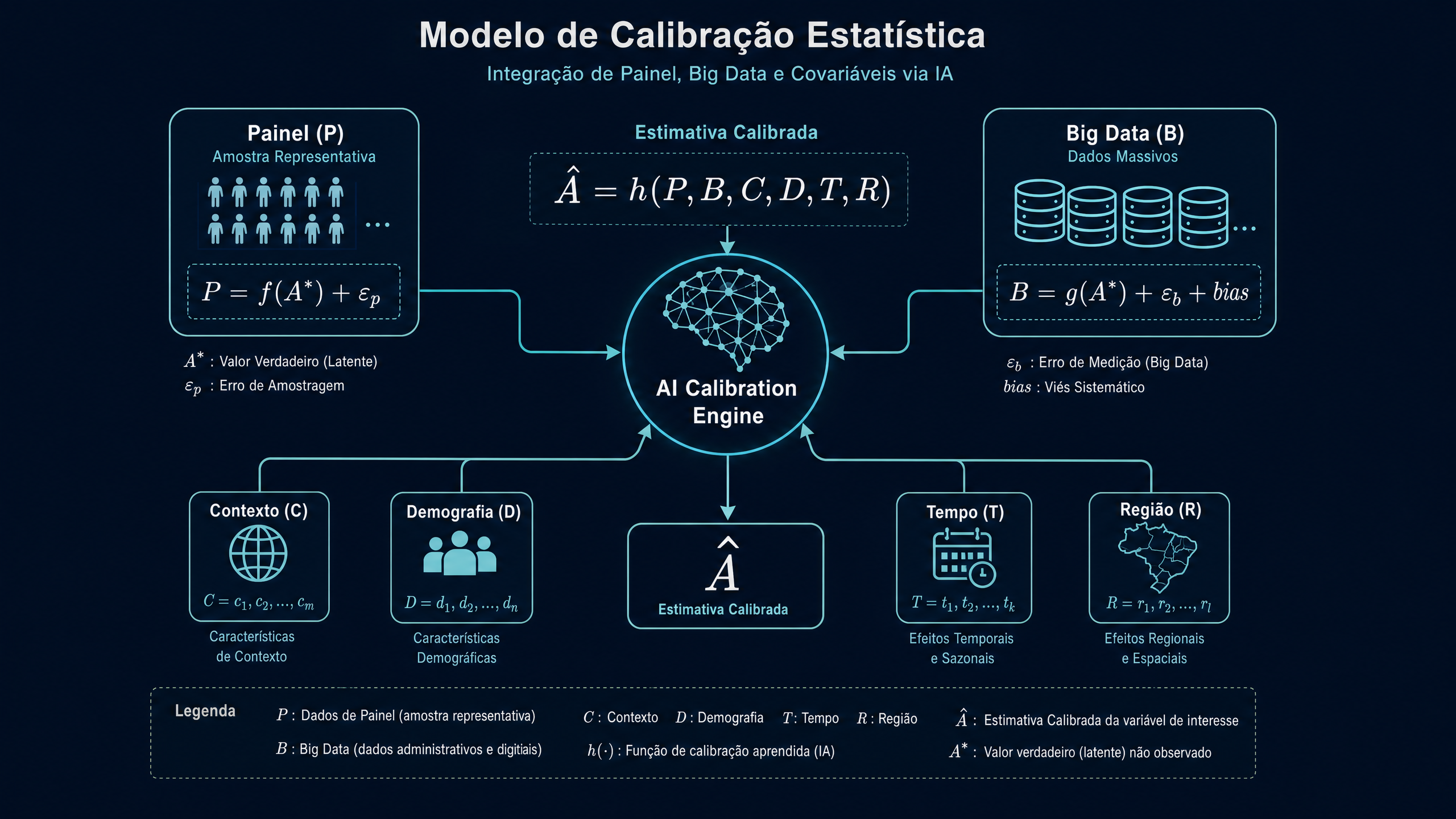 Modelo de calibração estatística — integração de painel, big data e covariáveis via IA